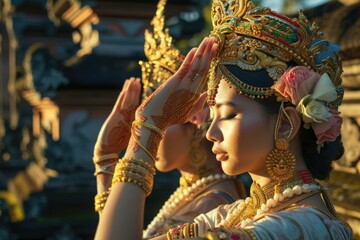 Fototapeta premium Two Balinese women in traditional gold headdresses and jewelry, praying peacefully.