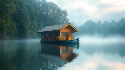 Fototapeta premium Misty lake sunrise, floating house, tranquil forest, serene escape, travel brochure