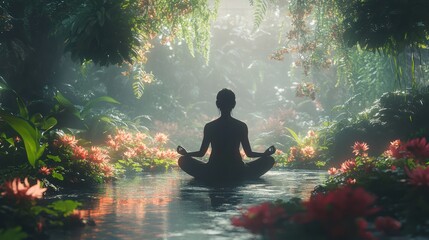Woman meditating lotus pose, jungle stream, sunrise, serenity, wellbeing