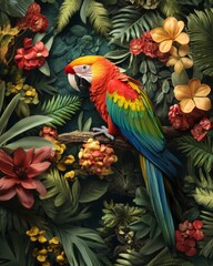 Fototapeta premium A vibrant parrot perched among lush tropical foliage. This colorful scene captures the beauty of nature in rich detail. Explore the harmony of wildlife and flora. Generative AI