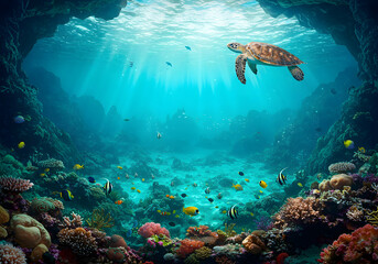 Naklejka premium Sea Turtle Swimming Over Colorful Coral Reef with Sun Rays