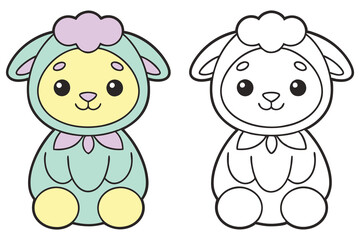 Cute Cartoon Sheep, Color & Outline Version, Pastel Colors, Smiling Face, Icon