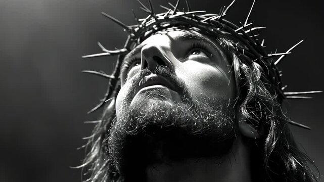 Dramatic black-and-white video still of a bearded man with a crown of thorns, captured from a low angle, highlighting intense emotion and depth.