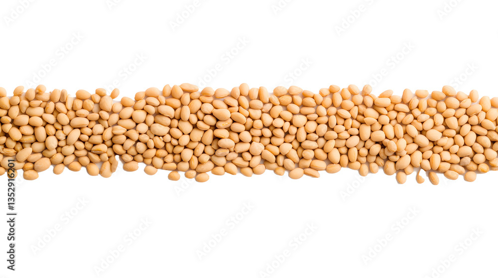 Poster peeled peanuts form a horizontal line against a dark background, emphasizing their uniform texture a