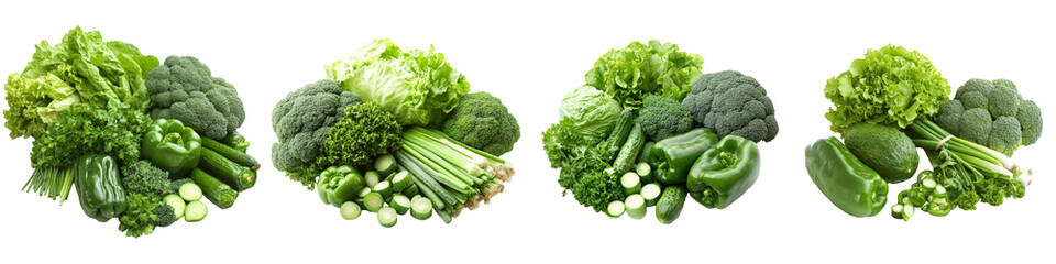 Fresh green vegetables including lettuce broccoli peppers cucumbers scallions.