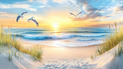 Serene beach sunrise, birds in flight
