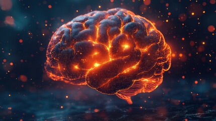 Obraz premium Fiery Brain, glowing embers, dark space, cognitive overload, medical concept