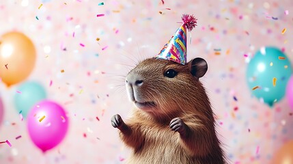 Adorable rodent wearing a festive party hat surrounded by confetti and balloons