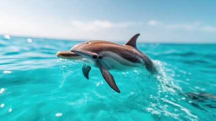Fototapeta premium A dynamic shot of a dolphin jumping joyfully out of the clear ocean, capturing the essence of freedom and playfulness that characterizes majestic marine life in natural settings.