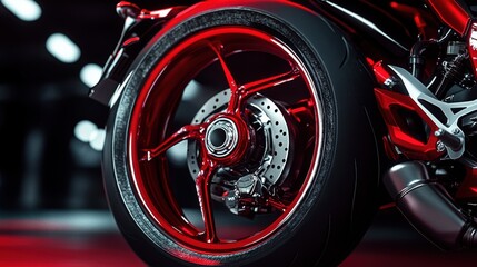 High-Quality Close-Up of a Red Motorcycle Wheel in Studio Lighting