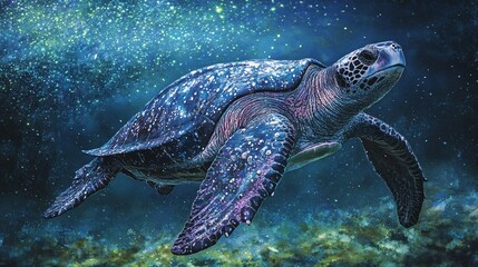 Obraz premium A beautifully illustrated sea turtle swims through a starry underwater realm