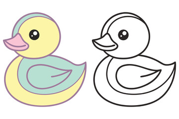 Cute Duck Outline Illustration, Pastel Color Isolated on White Background Cartoon Character