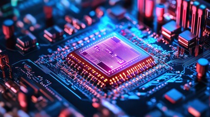 Close-up illuminated CPU on circuit board, technology background, digital