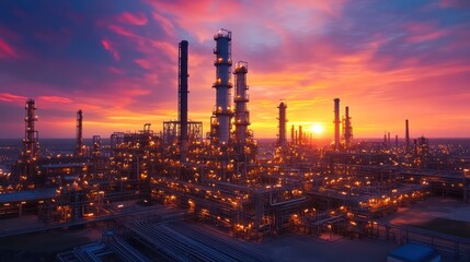 Refinery sunset industrial complex, petrochemical plant, energy production, twilight sky
