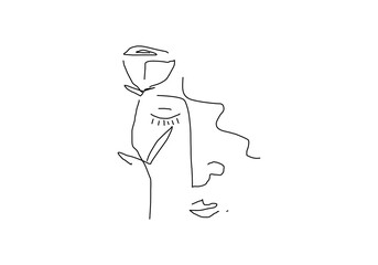 line art illustration combining a blooming rose and a woman's face in an abstract style.