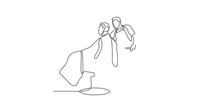 Animated self drawing of a barber is shaving his customer in the barbershop video design illustration. Barbershop activity illustration in simple linear style video design concept. God design asset.