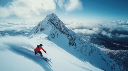 Skier carving powder, mountain peak backdrop, winter landscape, adventure tourism