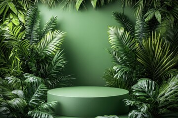 Green podium is surrounded by lush tropical leaves, jungle theme. Ideal for showcasing organic products, beauty, or nature inspired designs.