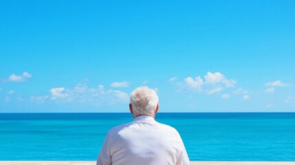back view of an retired elderly man sitting alone looking at the ocean on a bright sunny day taking a vacation after retirement 