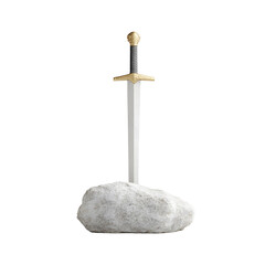 A sword with a gold handle is stuck in a light gray stone. The image is on a black background. It looks medieval and old, as if the sword is magic.