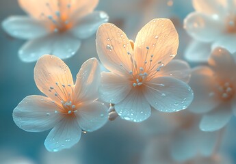 Delicate Cherry Blossoms in Soft Peach Hues with Droplets on Blue Background


