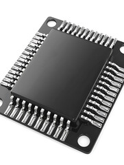Close-up of a black square integrated circuit chip with silver pins isolated on a white background.