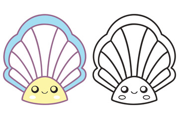 Cute Kawaii Seashell, Cartoon Marine Clam Character, One Colored and One Outline Version