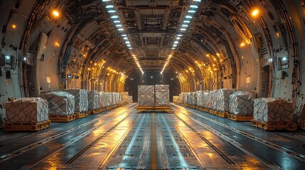 Cargo plane interior, pallets loaded, nighttime flight, global logistics