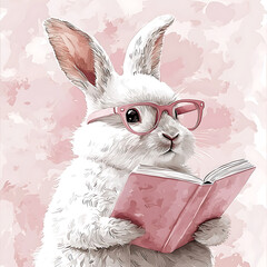 A fluffy white rabbit wearing pink glasses engrossed in reading a pink book against a soft pink watercolor backdrop.