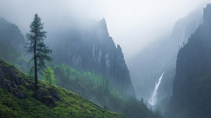 Misty Mountain Waterfall Landscape with Dramatic Nature Scenery.