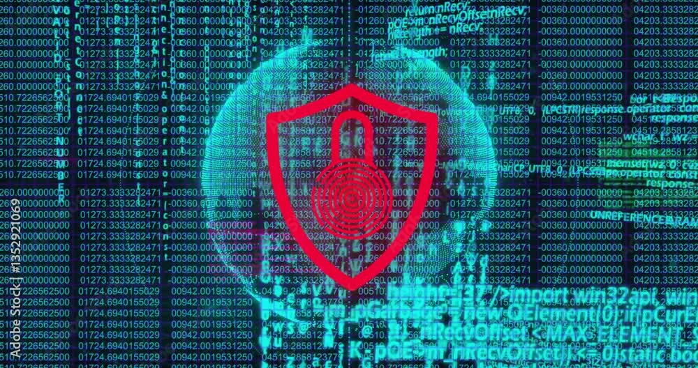 Poster Red lock shield icon over digital binary code and data security animation