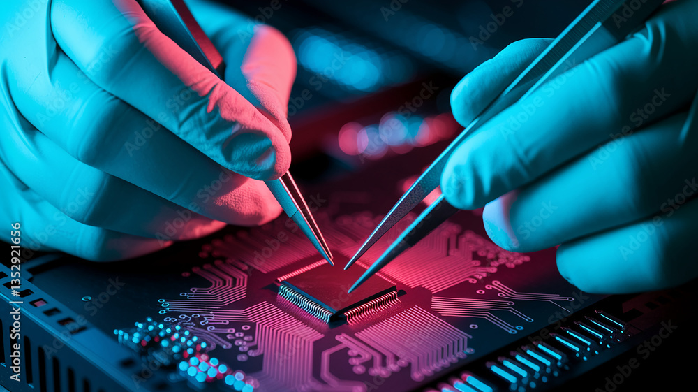 Poster close-up of gloved hands using tweezers to place a microchip onto a circuit board, illuminated with 