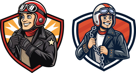 Two Cartoon Motorcycle Riders in Retro Style Jackets