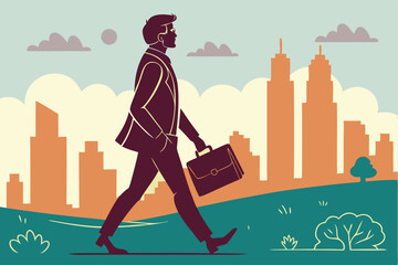 Businessman Walking Through the Cityscape, Retro Style