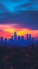 Fototapeta premium City skyline glows during vibrant sunset twilight.
