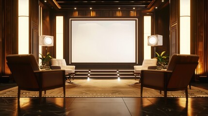 A grand talk show studio with a blank white screen, beautifully arranged lighting, and comfortable seating that exudes luxury