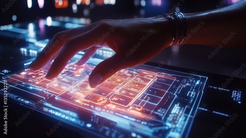 Aufkleber a hand is touching an illuminated touchscreen interface in close up