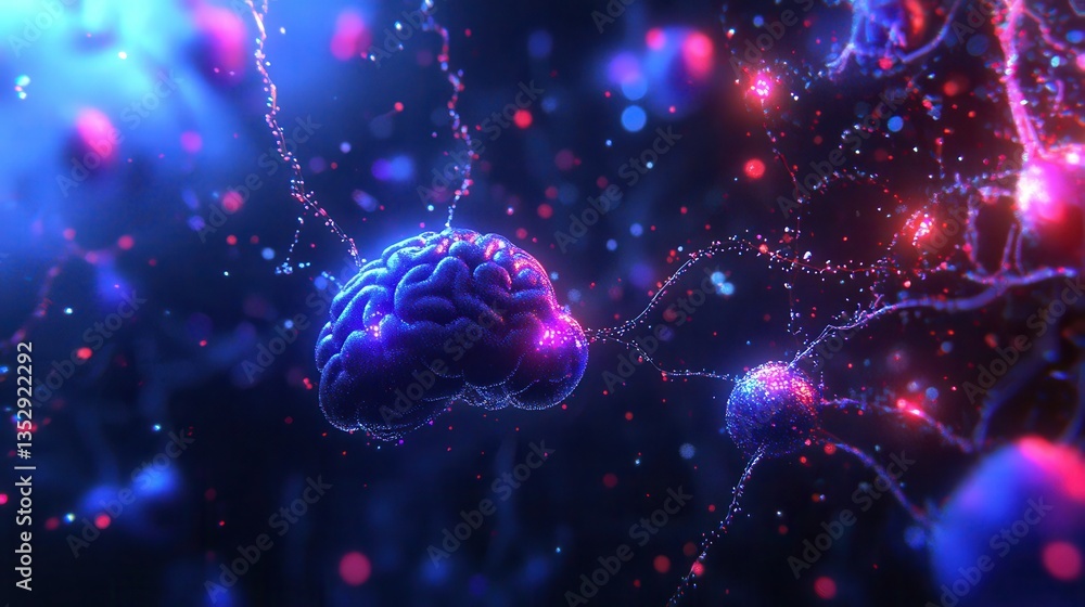 Poster brain synapses firing with neural network, and 3d render.