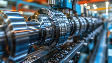 Fototapeta premium Metallic machinery with shiny, cylindrical, repeating elements in an industrial space