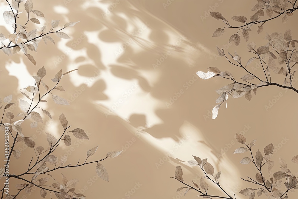 Poster serene beige background with subtle leafy branch shadows for product presentation