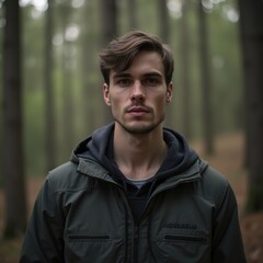 Close-up of a man in long sleeves in a forest, ideal for outdoor protection and safety
