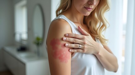 Woman Experiencing Severe Red Itchy Rash on Upper Arm and Shoulder