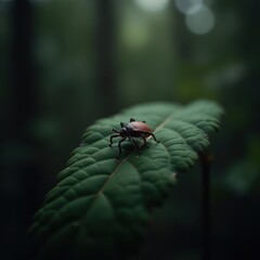 Naklejka premium Close-up of a tick on a leaf in a dark forest, perfect for forest danger and nature risk
