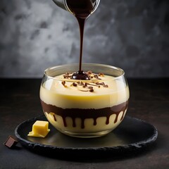 Delicious vanilla dessert with pouring chocolate sauce and chocolate chips