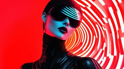Futuristic woman in goggles, red swirl background.