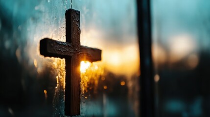 A beautifully lit cross on a fogged window during sunset, symbolizing hope and faith, capturing the interplay of light and emotion through the misty glass surface.
