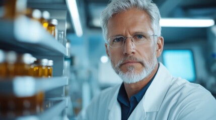 An intense portrait of a scientist in a laboratory setting, showcasing a focused expression while standing among shelves filled with various samples, representing innovation.
