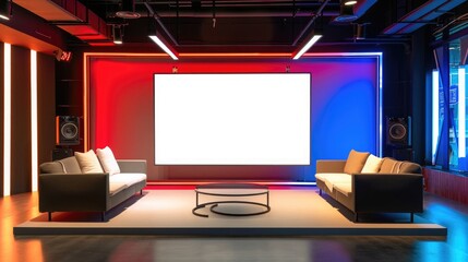 A modern talk show studio with a blank white screen, well-arranged seating, and soft, ambient lighting for a cozy effect