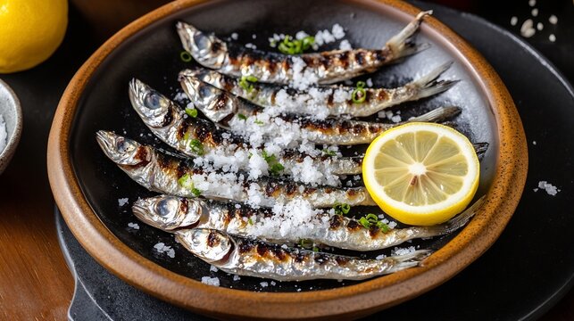 Top down view of Japanese iwashi no shioyaki grilled sardines seasoned salt served with a wedge of lemon and grated radish