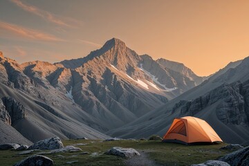 Gray Mountain Landscape with Warm Orange Sky Perfect for Outdoor Camping and Nature Enthusiasts
